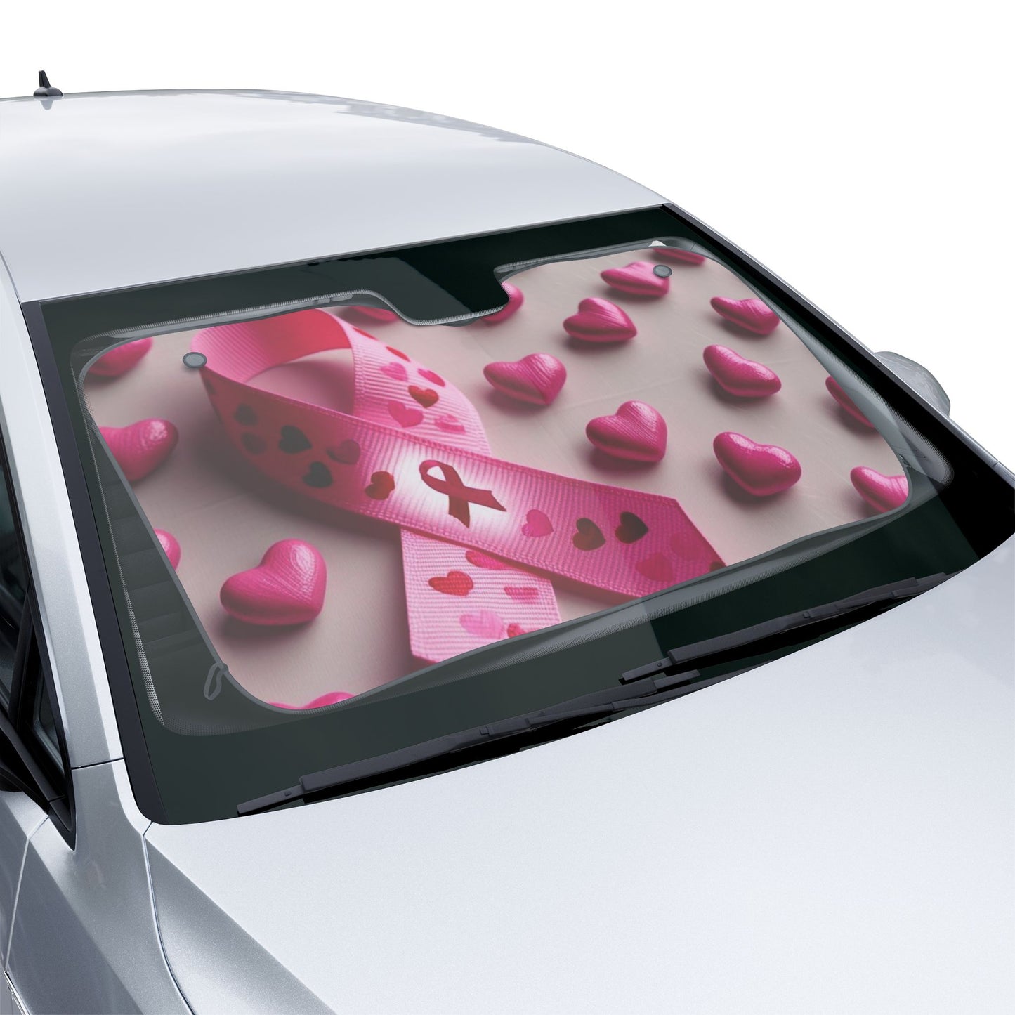 Stylish Car Sun Shades with Pink Ribbon & Hearts Design - Perfect for Breast Cancer Awareness